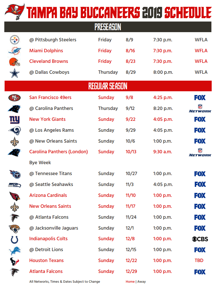 Tampa Bay Buccaneers 2019 Schedule